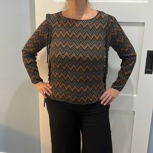 ZARA woman black chevron print silk house with fringe size L